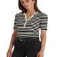 Camiseta feminina Ralph Lauren listrada de algodão misto Henley, preta, tamanho grande
