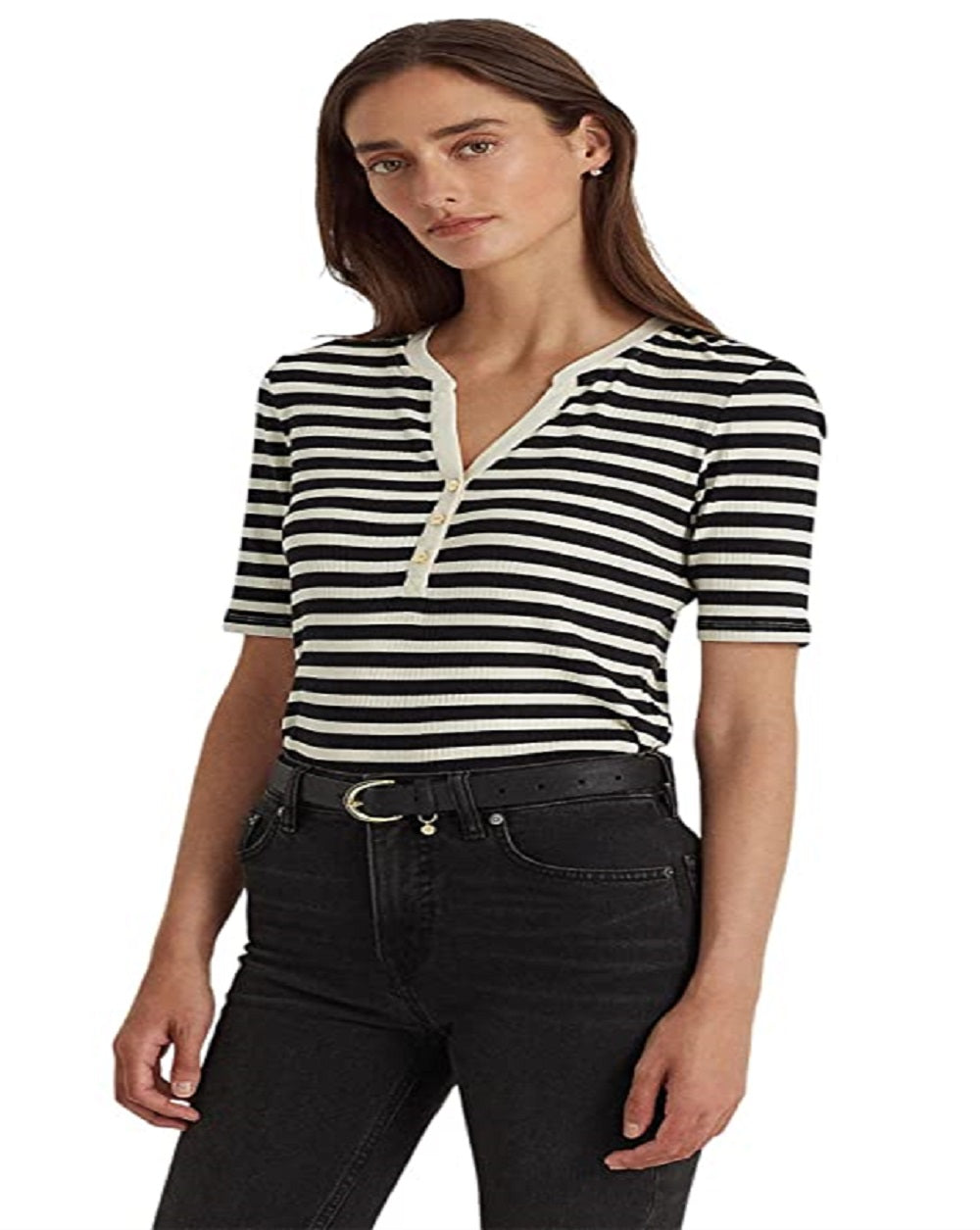 Camiseta feminina Ralph Lauren listrada de algodão misto Henley, preta, tamanho grande