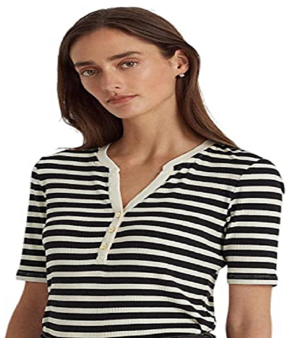Camiseta feminina Ralph Lauren listrada de algodão misto Henley, preta, tamanho grande