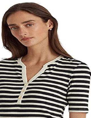 Camiseta feminina Ralph Lauren listrada de algodão misto Henley, preta, tamanho grande