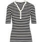 Camiseta feminina Ralph Lauren listrada de algodão misto Henley, preta, tamanho X-S