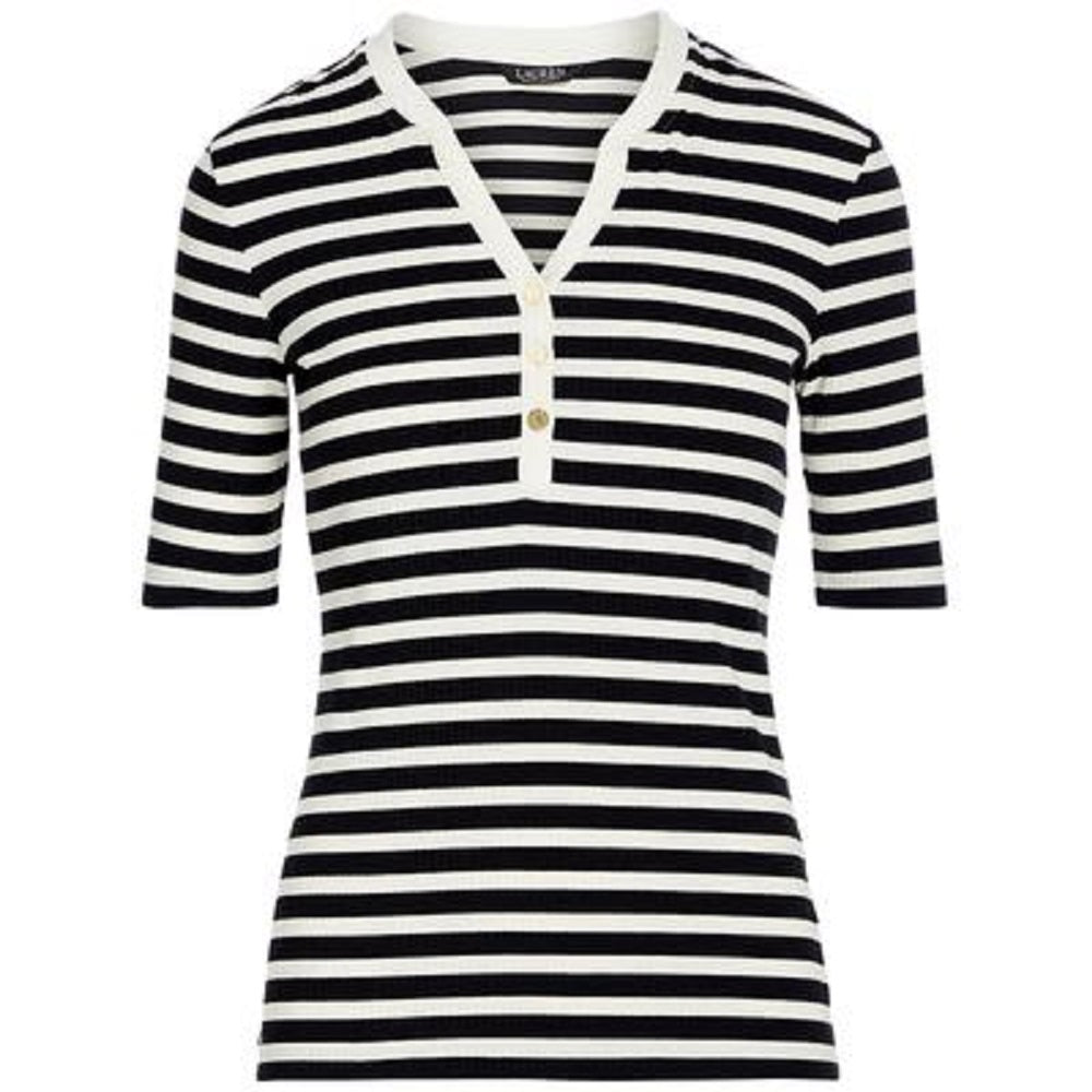 Camiseta feminina Ralph Lauren listrada de algodão misto Henley, preta, tamanho X-S