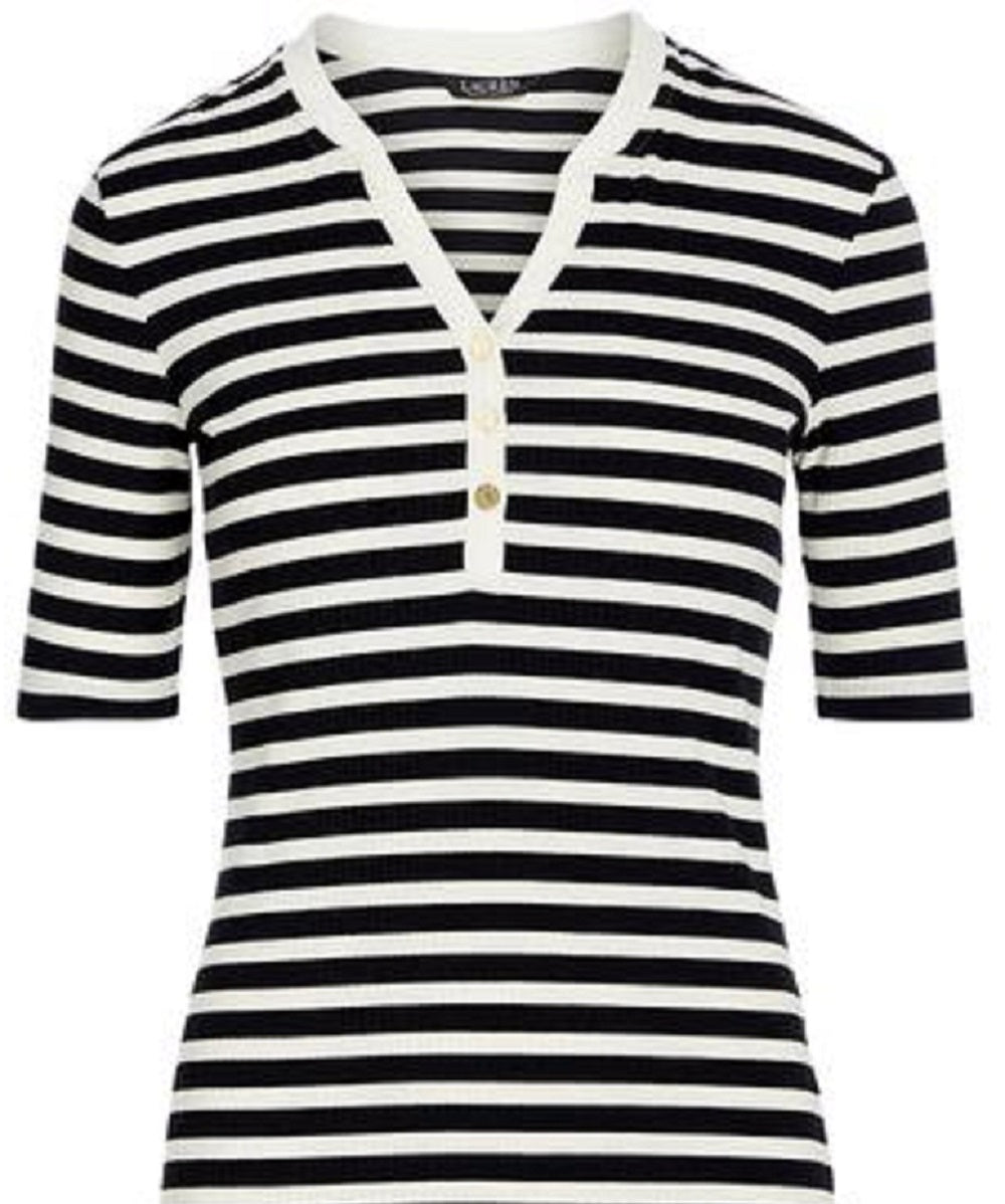 Camiseta feminina Ralph Lauren listrada de algodão misto Henley, preta, tamanho X-S