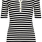 Camiseta feminina Ralph Lauren listrada de algodão misto Henley, preta, tamanho X-S