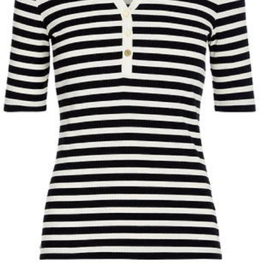 Camiseta feminina Ralph Lauren listrada de algodão misto Henley, preta, tamanho X-S