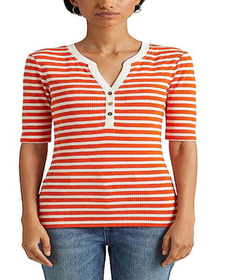 Camiseta feminina Ralph Lauren listrada de algodão misto Henley laranja tamanho médio