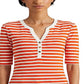 Camiseta feminina Ralph Lauren listrada de algodão misto Henley laranja tamanho médio