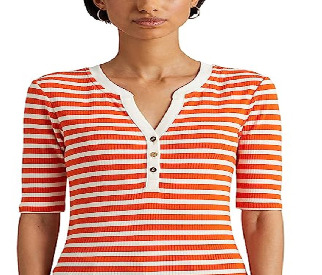 Camiseta feminina Ralph Lauren listrada de algodão misto Henley laranja tamanho médio