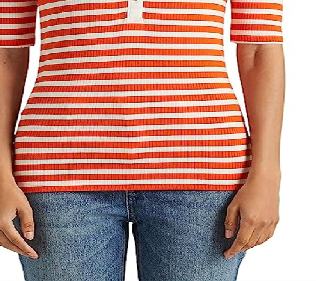 Camiseta feminina Ralph Lauren listrada de algodão misto Henley laranja tamanho médio