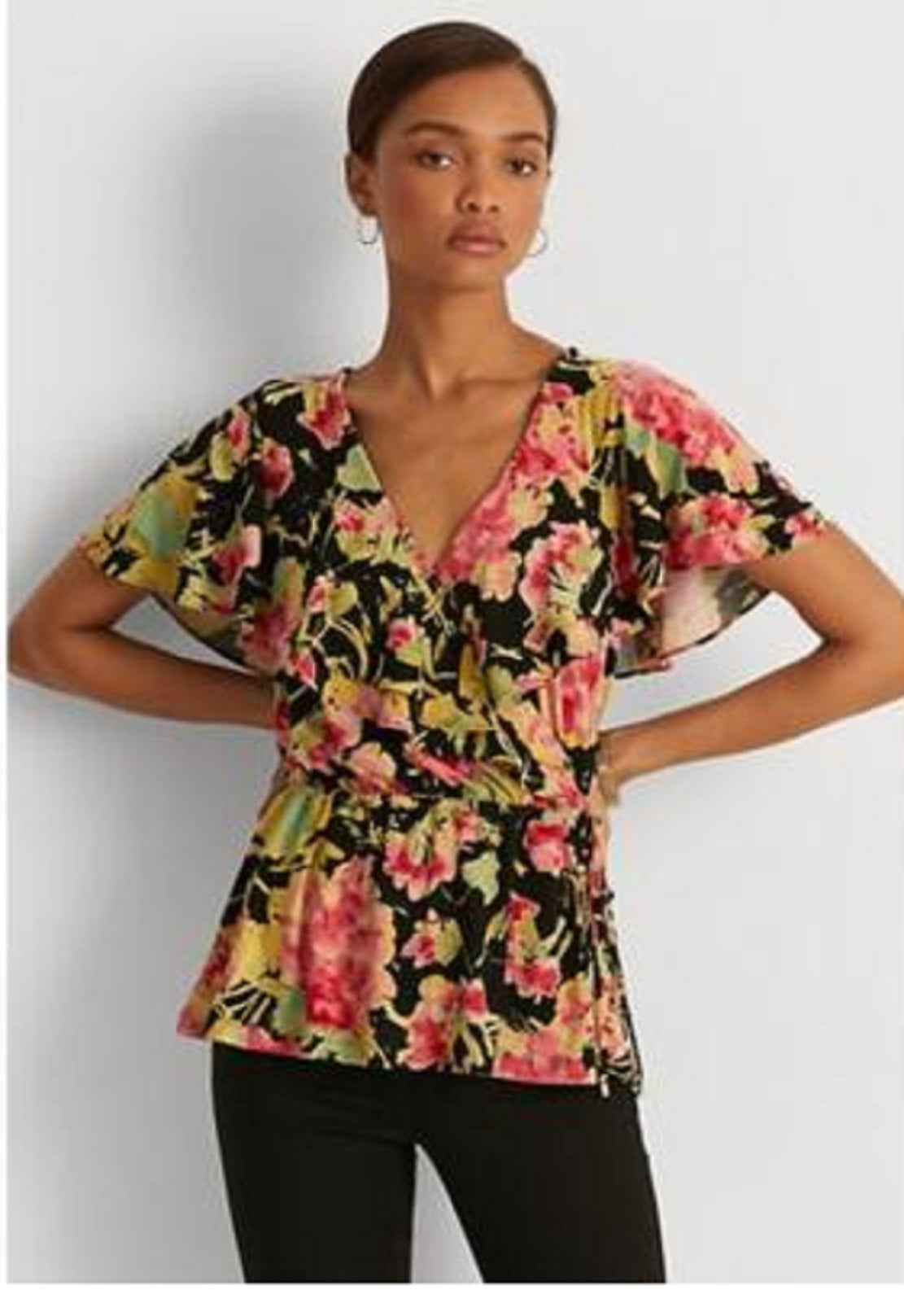 Blusa de malha com babados florais e sobrepeliz Ralph Lauren feminina, preta