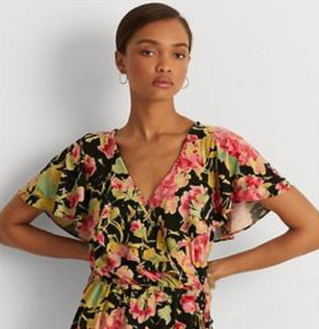 Blusa de malha com babados florais e sobrepeliz Ralph Lauren feminina, preta