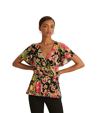 Blusa Ralph Lauren Feminina com Babados, Cintura Elástica e Manga Flutuante Floral, Preta, Tamanho XG