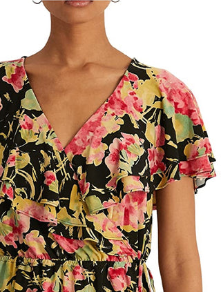 Blusa Ralph Lauren Feminina com Babados, Cintura Elástica e Manga Flutuante Floral, Preta, Tamanho XG