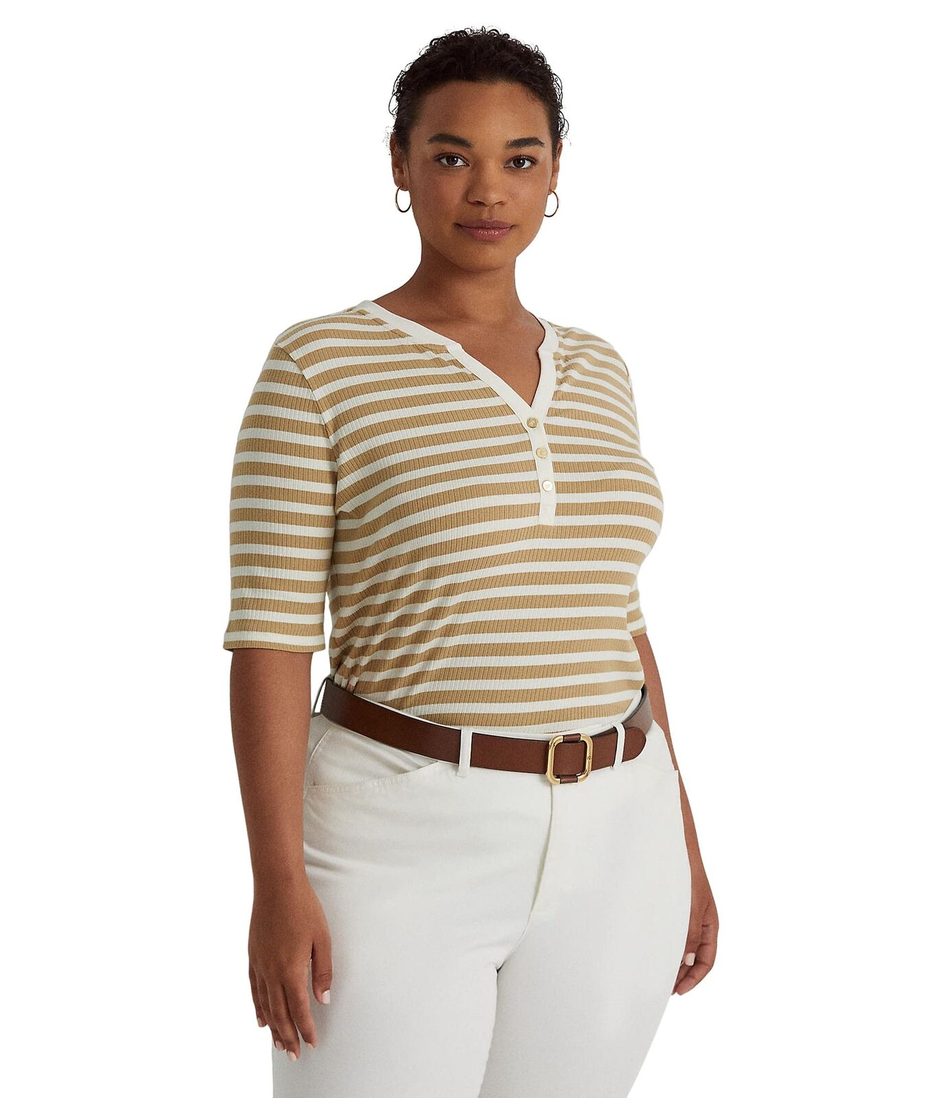 Camiseta feminina Ralph Lauren listrada de algodão misto Henley marrom tamanho 1X