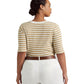 Camiseta feminina Ralph Lauren listrada de algodão misto Henley marrom tamanho 1X