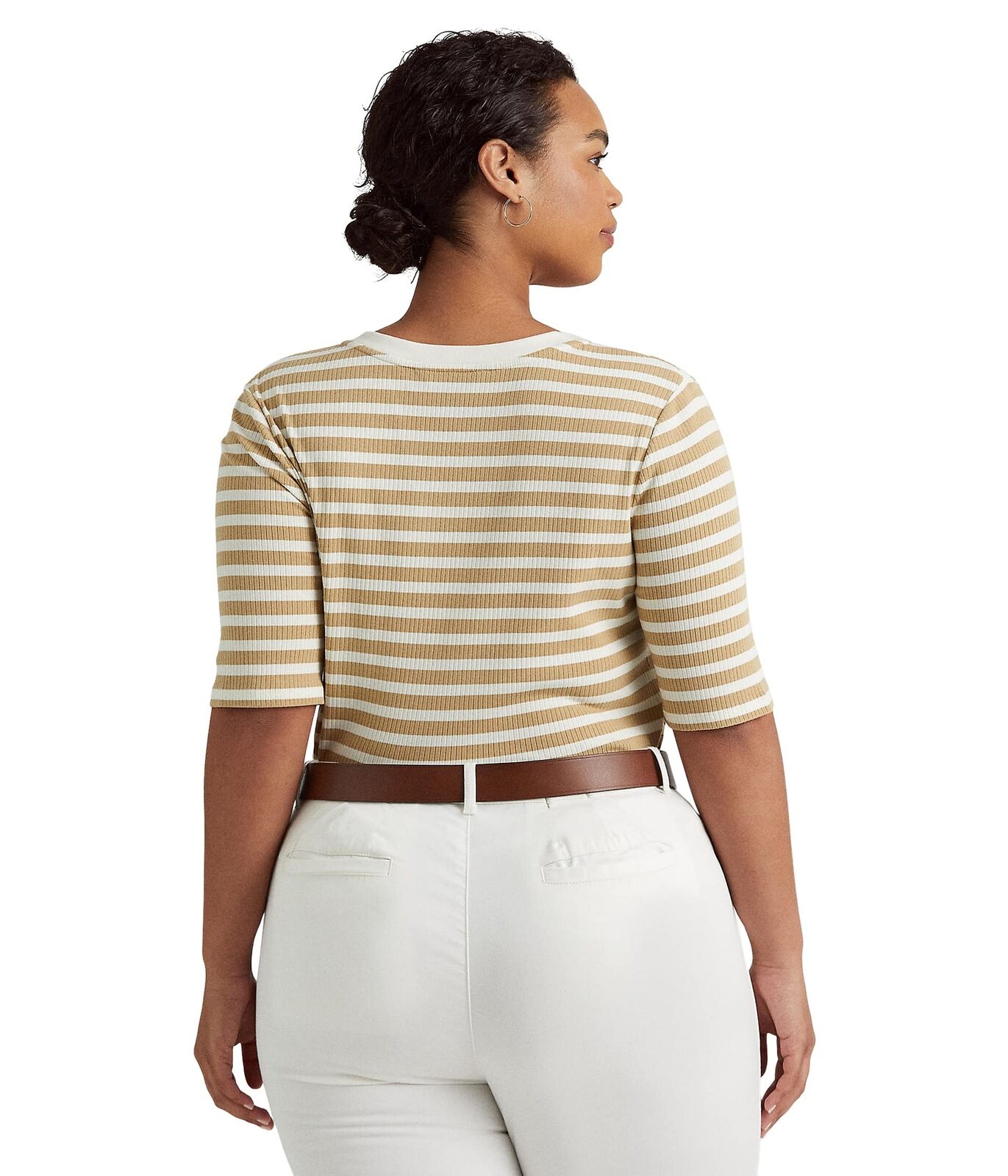 Camiseta feminina Ralph Lauren listrada de algodão misto Henley marrom tamanho 1X