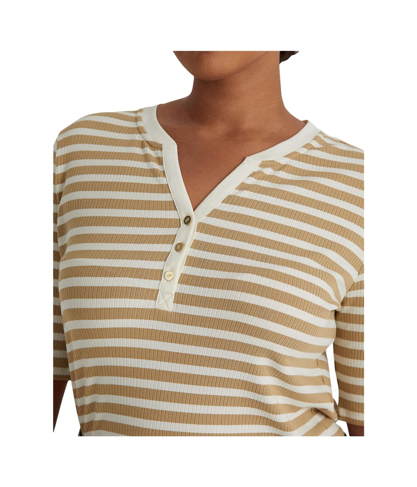 Camiseta feminina Ralph Lauren listrada de algodão misto Henley marrom tamanho 1X