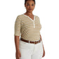 Camiseta feminina Ralph Lauren listrada de algodão misto Henley bege tamanho 2X
