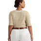 Camiseta feminina Ralph Lauren listrada de algodão misto Henley bege tamanho 2X