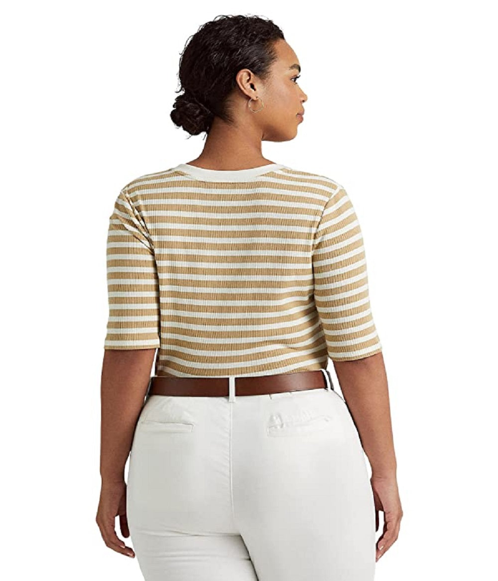 Camiseta feminina Ralph Lauren listrada de algodão misto Henley bege tamanho 2X