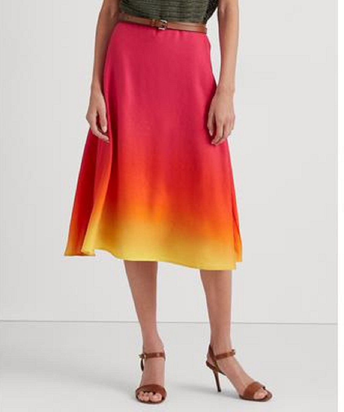 Saia midi feminina Ralph Lauren com decote em V e mangas curtas, tamanho 16