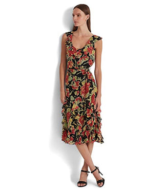 Ralph Lauren Women's Floral Crinkle Georgette Dress Black Size 14
