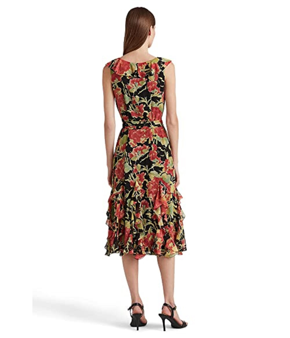 Vestido feminino Ralph Lauren com estampa floral e babados em georgette, preto, tamanho 14