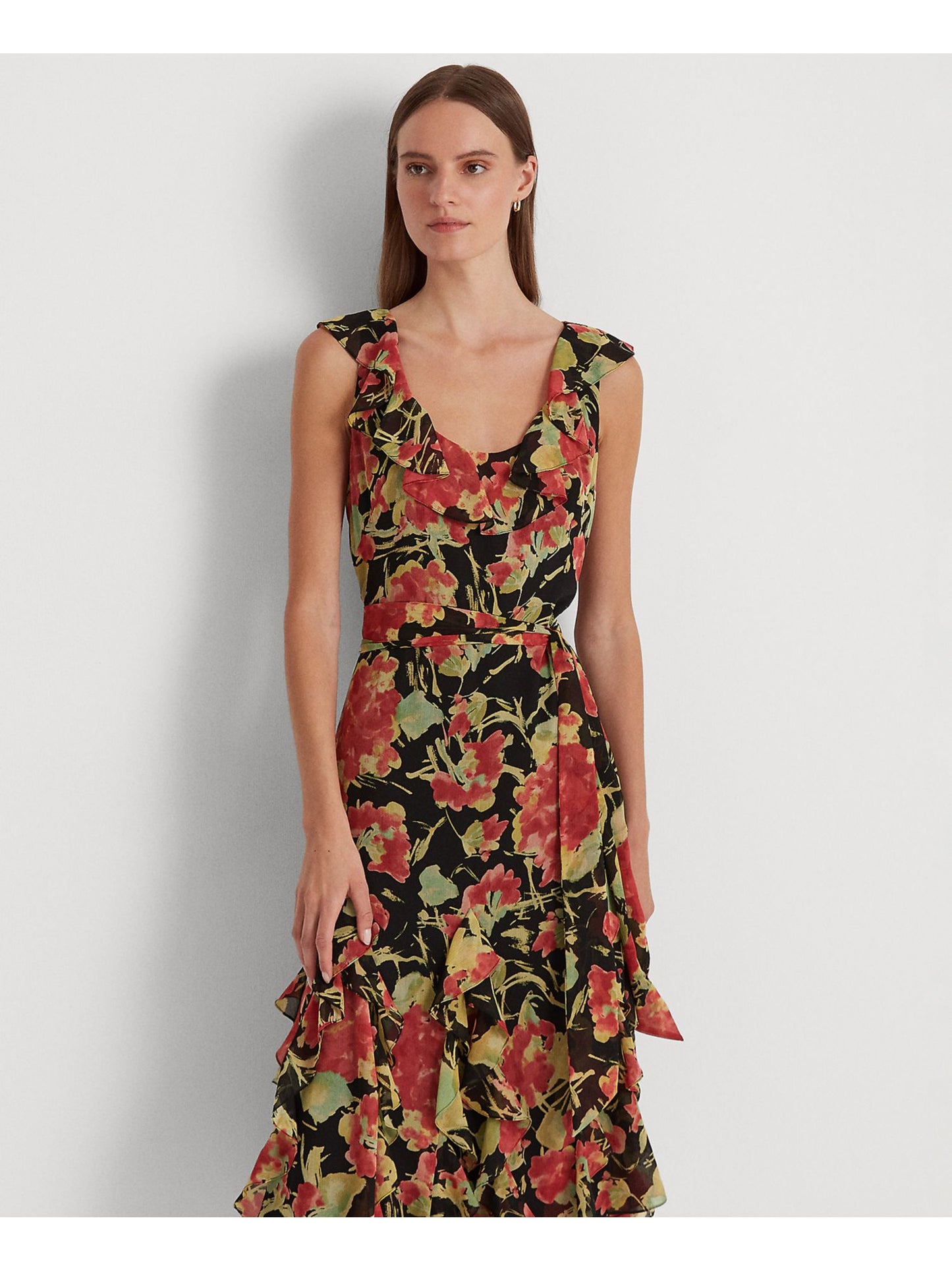 Vestido midi evasê Ralph Lauren feminino, com zíper, cinto de amarrar, transparente, floral, sem mangas, decote redondo, preto, tamanho 4