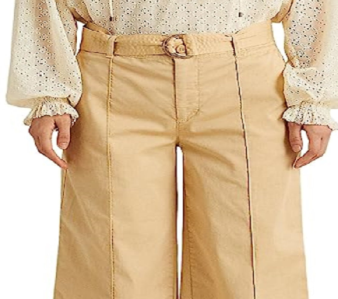 Calça feminina Ralph Lauren Micro Sanded Twill com cinto e perna larga, marrom, tamanho 12
