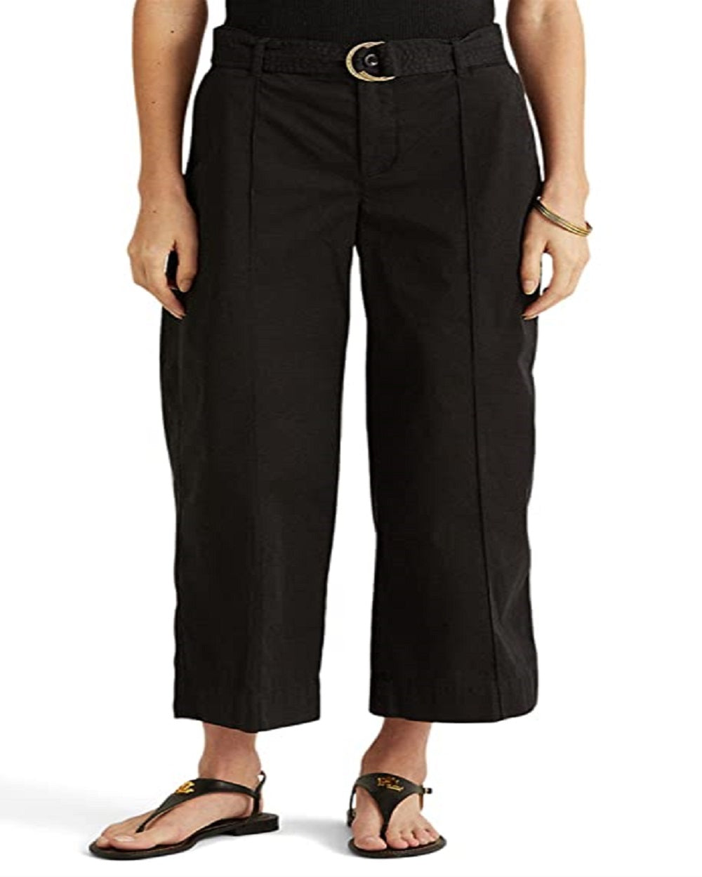 Calça feminina Ralph Lauren Micro Sanded Twill com cinto e perna larga, preta, tamanho 8