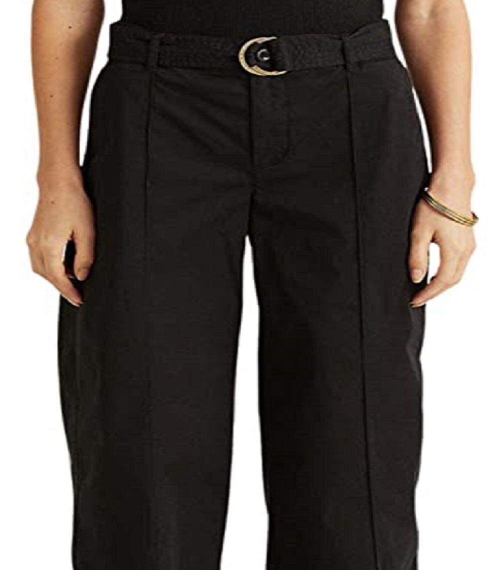 Calça feminina Ralph Lauren Micro Sanded Twill com cinto e perna larga, preta, tamanho 8