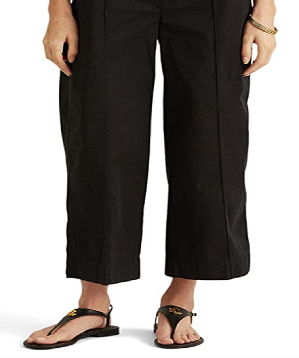 Calça feminina Ralph Lauren Micro Sanded Twill com cinto e perna larga, preta, tamanho 8