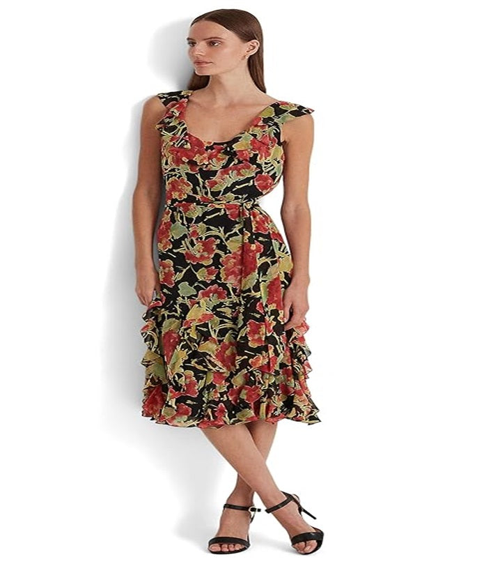 Vestido Ralph Lauren Feminino Floral Crinkle Georgette Preto Tamanho 12 Petite