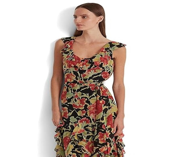 Vestido Ralph Lauren Feminino Floral Crinkle Georgette Preto Tamanho 12 Petite