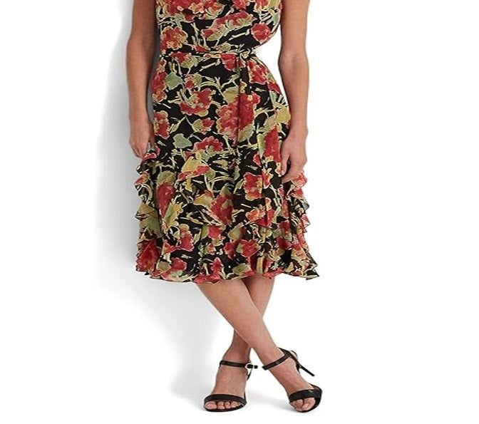 Vestido Ralph Lauren Feminino Floral Crinkle Georgette Preto Tamanho 12 Petite