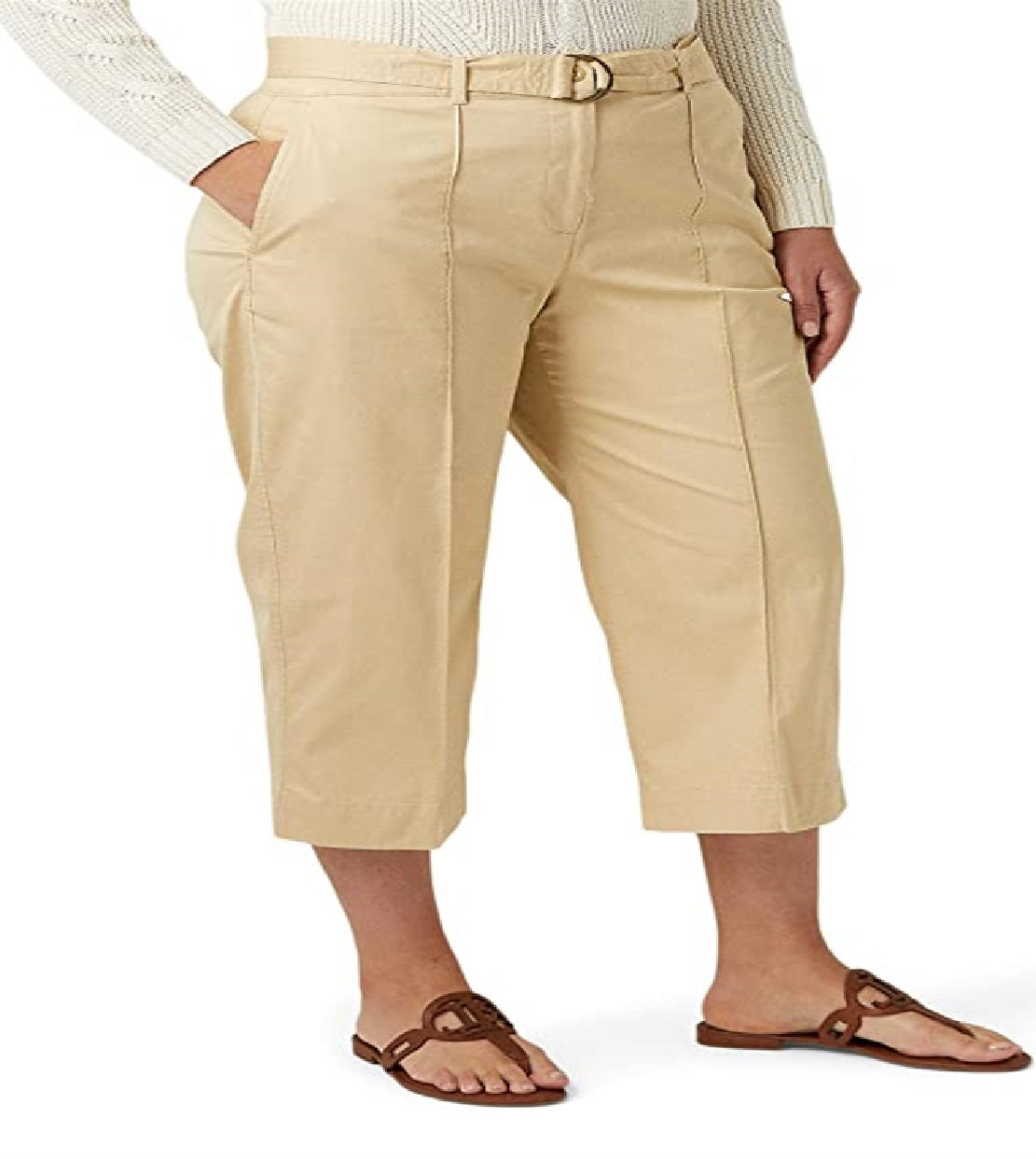 Calça feminina Ralph Lauren Micro Sanded Twill com cinto e perna larga, marrom, tamanho pequeno pequeno