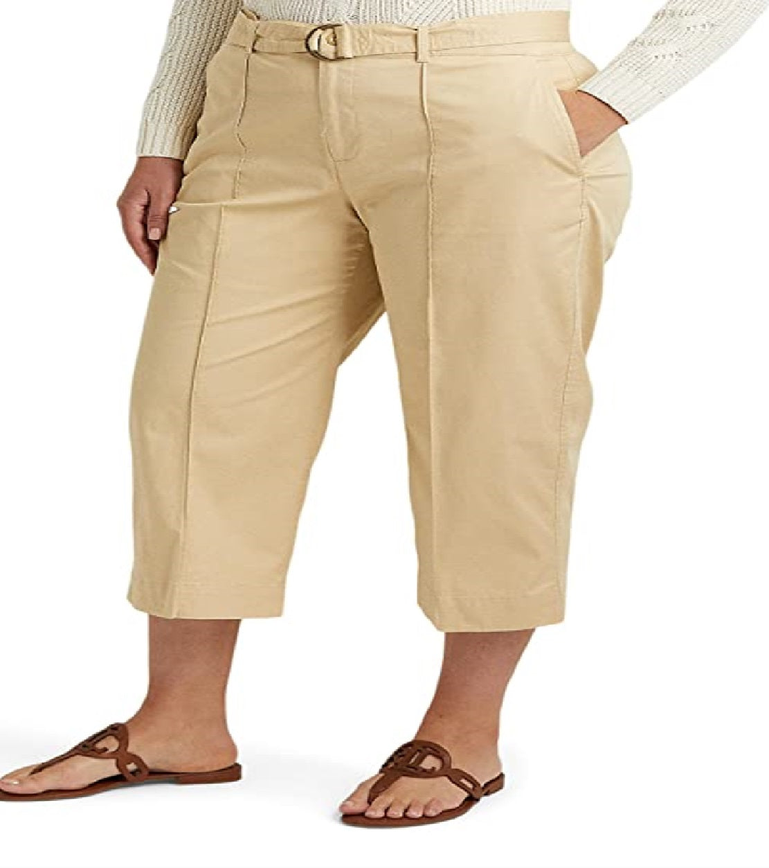 Calça feminina Ralph Lauren Micro Sanded Twill com cinto e perna larga, marrom, tamanho 20W