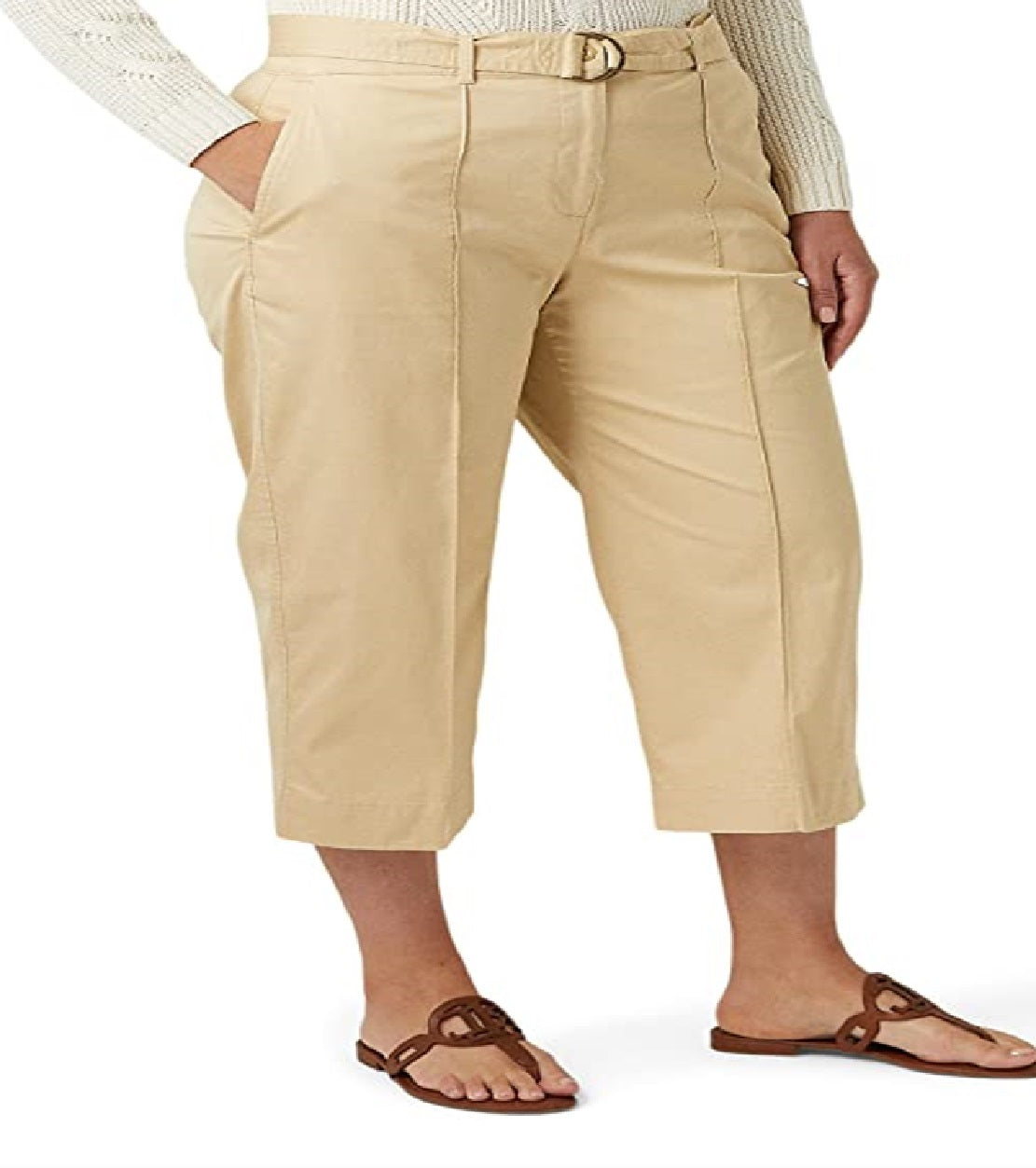 Calça feminina Ralph Lauren Micro Sanded Twill com cinto e perna larga, marrom, tamanho 20W