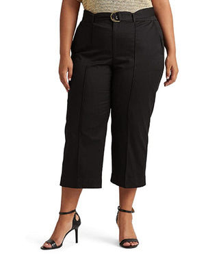 Calça feminina Ralph Lauren Micro Sanded Twill com cinto e perna larga, preta, tamanho 18W