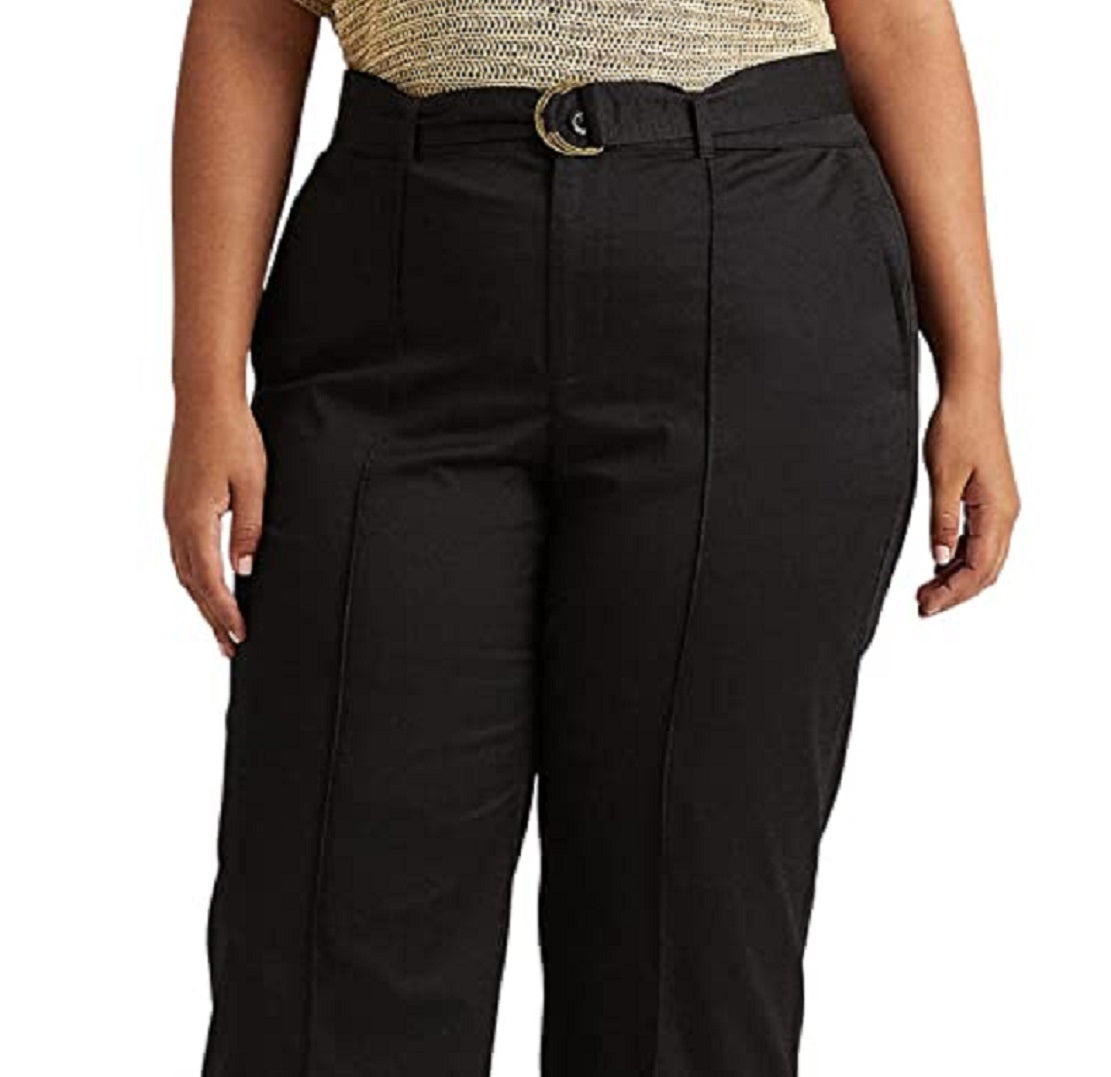 Calça feminina Ralph Lauren Micro Sanded Twill com cinto e perna larga, preta, tamanho 18W
