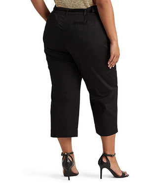 Calça feminina Ralph Lauren Micro Sanded Twill com cinto e perna larga, preta, tamanho 18W