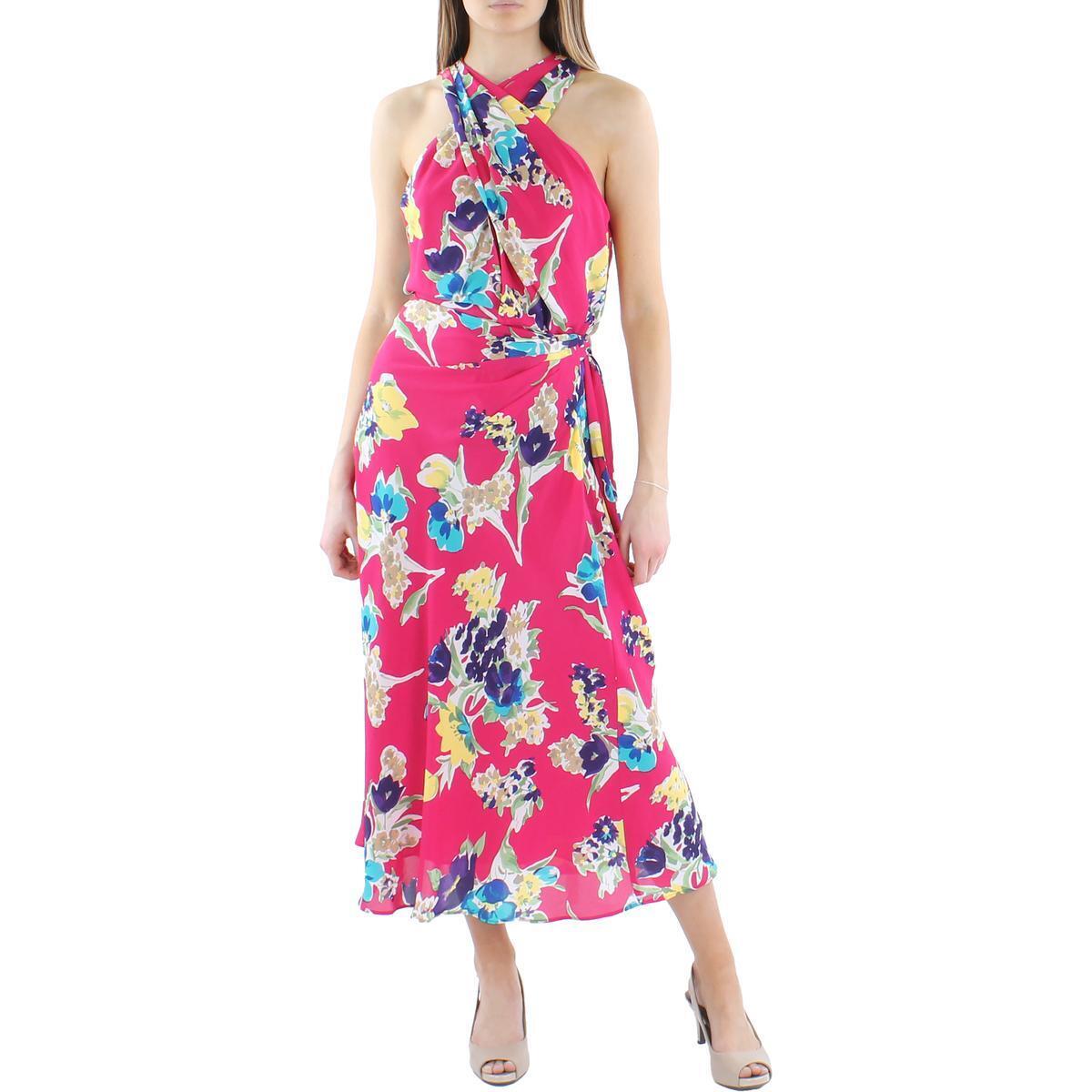 Vestido longo floral Halter Ralph Lauren feminino rosa tamanho 14