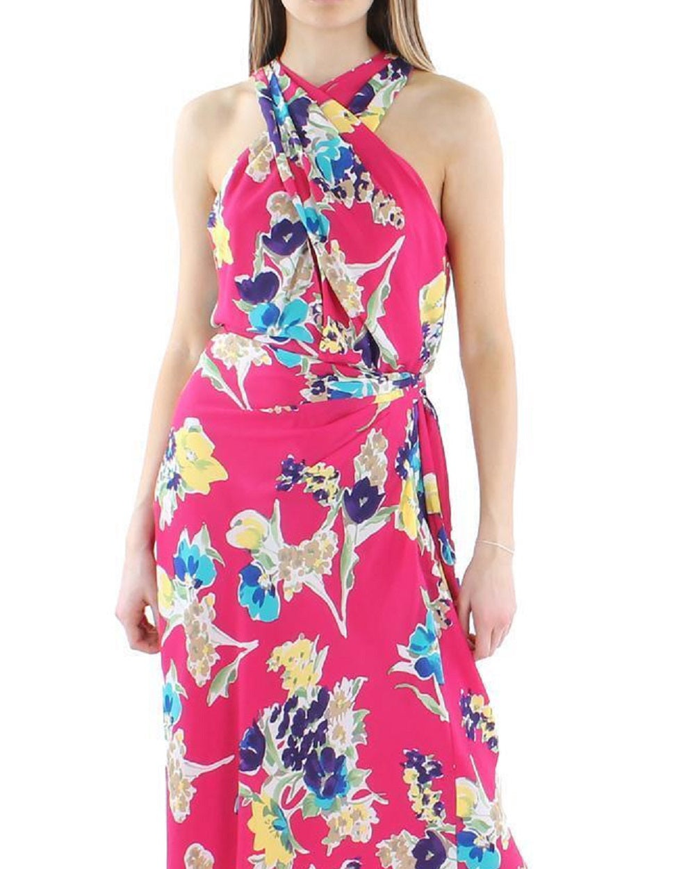 Vestido longo floral Halter Ralph Lauren feminino rosa tamanho 14