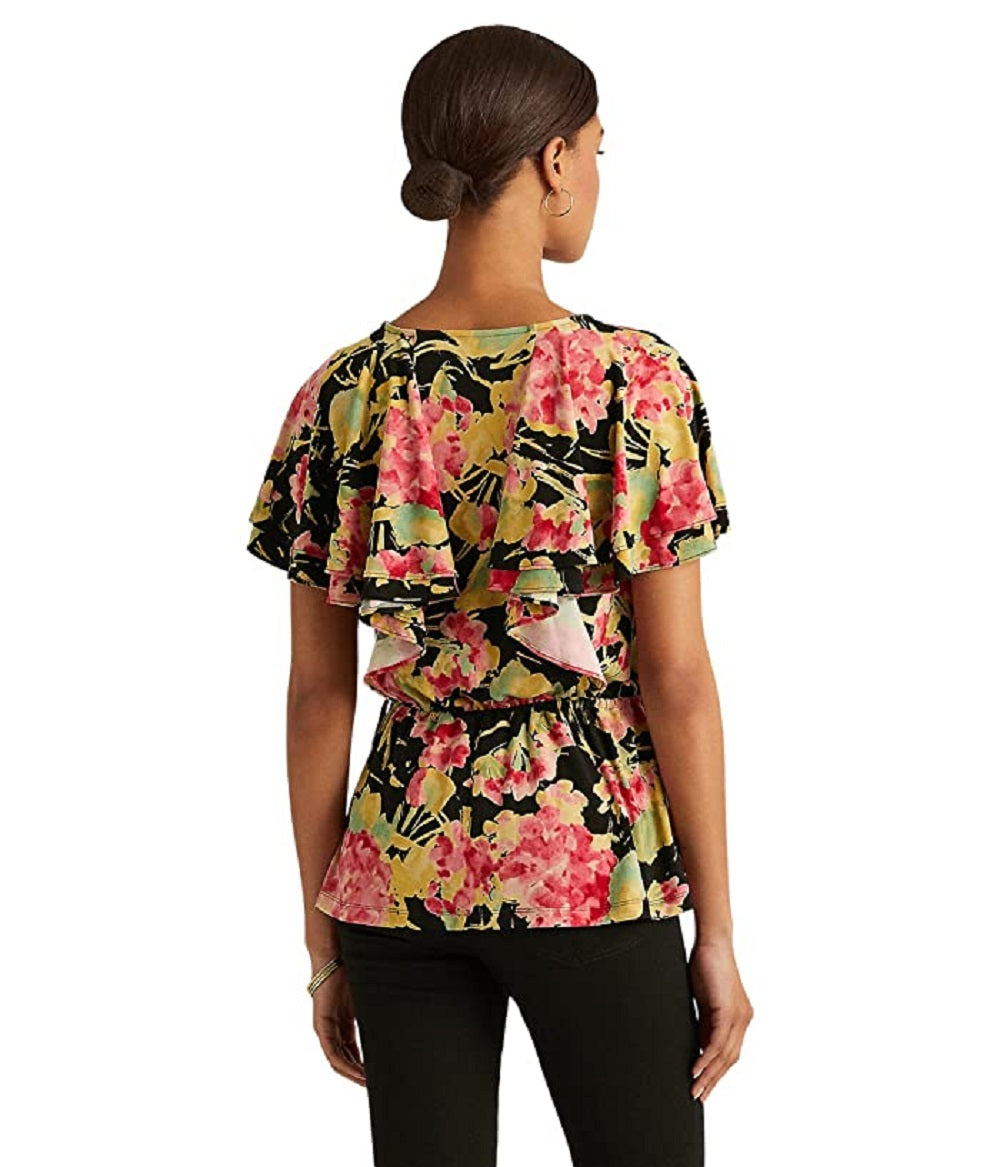 Blusa de malha com babados florais e sobrepeliz Ralph Lauren feminina, preta