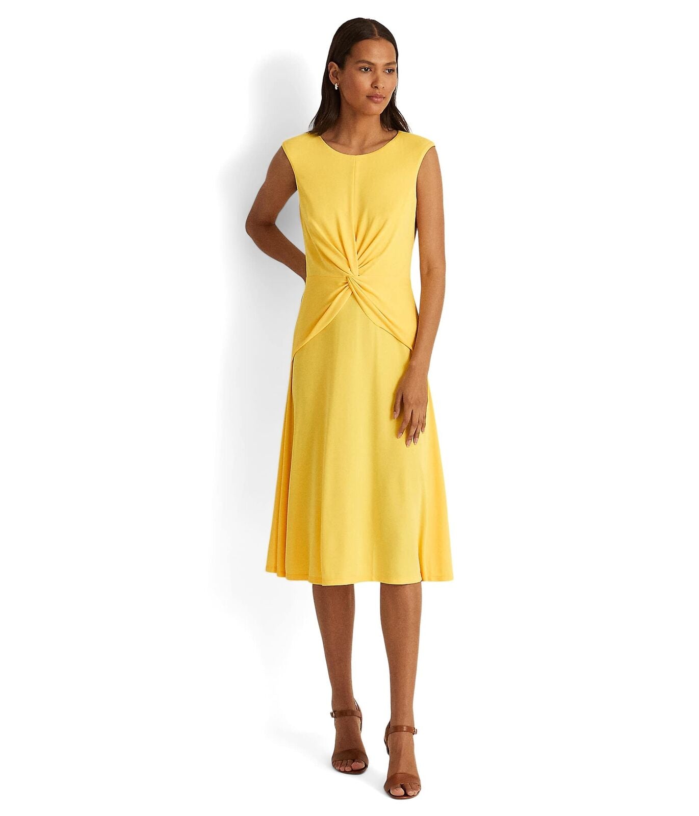 Vestido de malha Ralph Lauren feminino com frente torcida, amarelo, tamanho 12