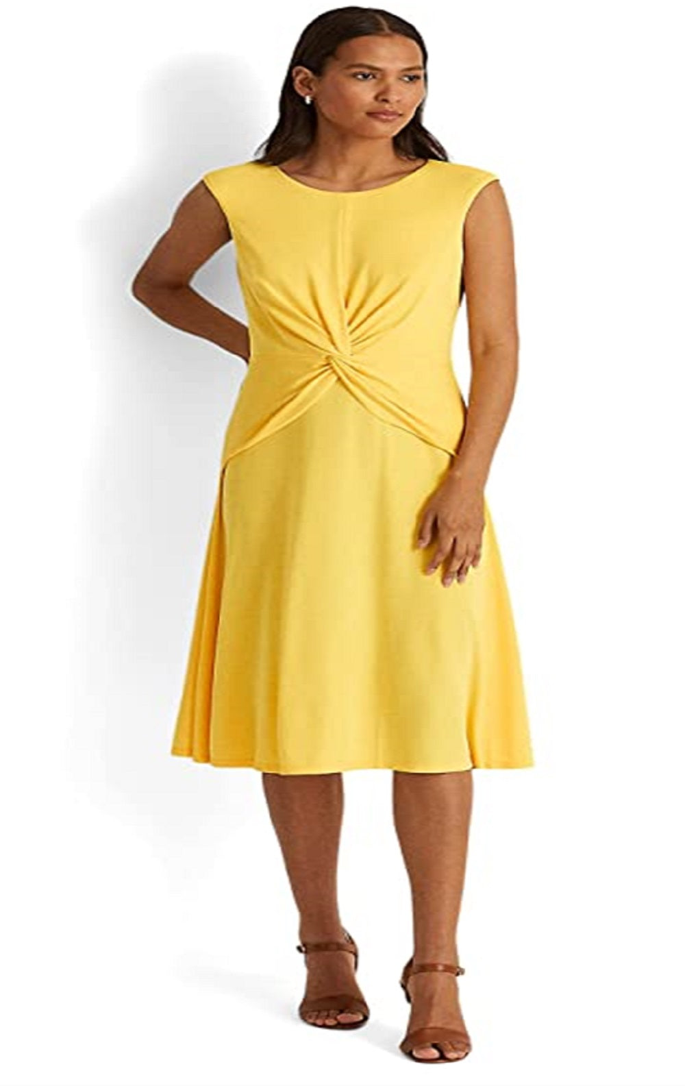 Vestido de malha Ralph Lauren feminino com frente torcida, amarelo, tamanho 14