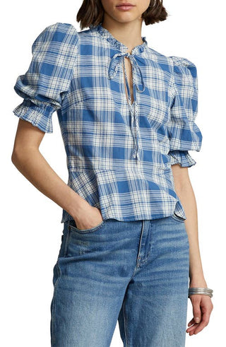 Polo Ralph Lauren Blusa Peplum Cassie Azul/Branca Feminina Tamanho 12