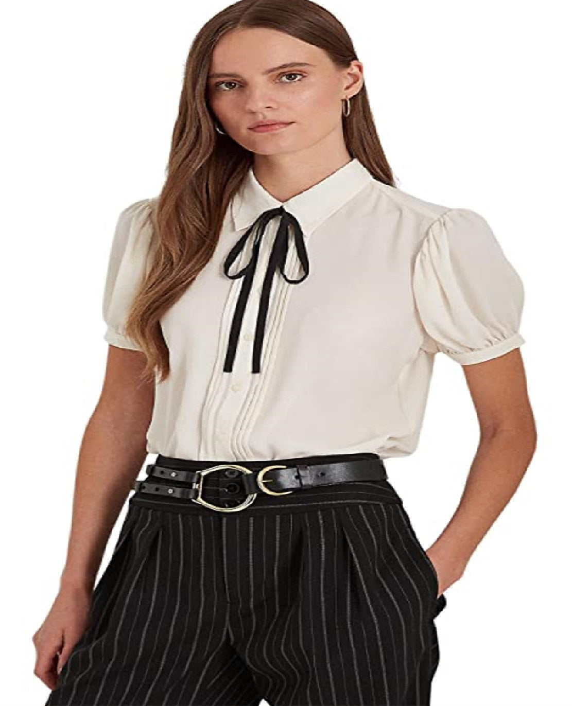 Camisa Ralph Lauren Feminina Crinkle Georgette Manga Bufante Marrom Tamanho X-G