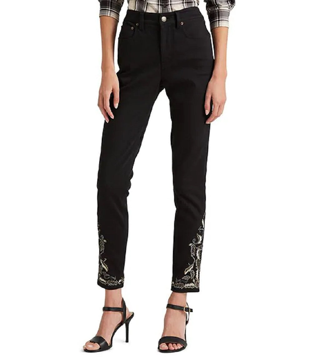 Calça jeans skinny Ralph Lauren feminina bordada, cintura alta, preta, tamanho 16