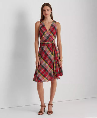 Vestido sem mangas Ralph Lauren feminino xadrez de algodão amassado, rosa, tamanho 6